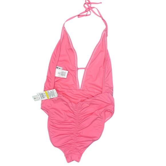 NWT The Bikini Lab Solid Pink Plunge Backless One-Piece Halter Swimsuit Medium - Picture 6 of 9